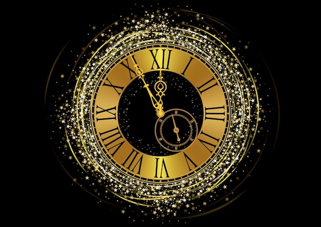 Happy new year background with golden clock face over stars glitter and black background