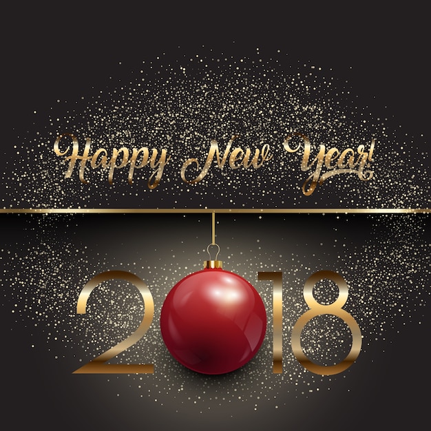 Vector happy new year background with hanging bauble and gold glitter