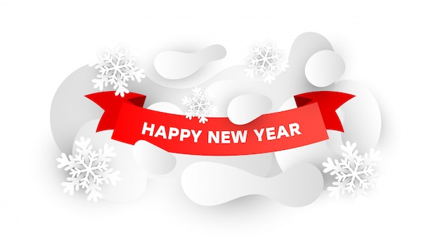 Happy New Year background with paper cut white snowflakes and red ribbons 