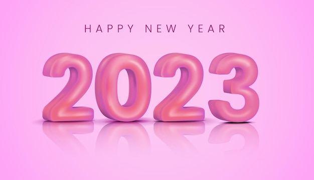 핑크 색상의 현실적인 3d 벡터 번호 2023이 있는 새해 복 많이 받으세요 배경