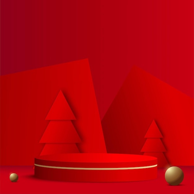 Happy New Year background with red podium and paper pine tree. Vector