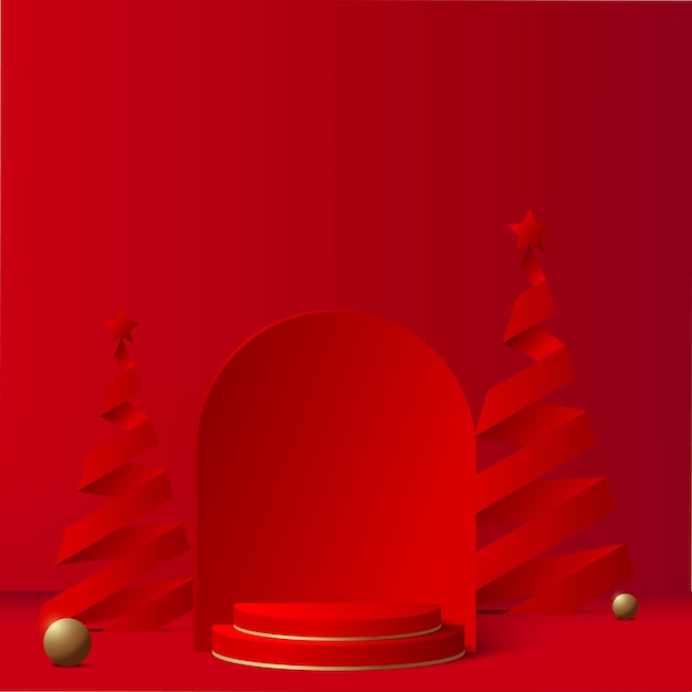 Happy new year background with red podium and paper pine tree. vector