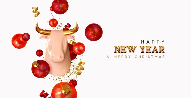 Happy New Year background with the symbol of 2021 bull. Realistic porcelain head, red decorative bauble balls, gold glitter confetti. Gold 3d text letters. Holiday banner, poster or greeting card