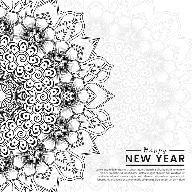 Felice anno nuovo banner o modello di carta con fiore mehndi