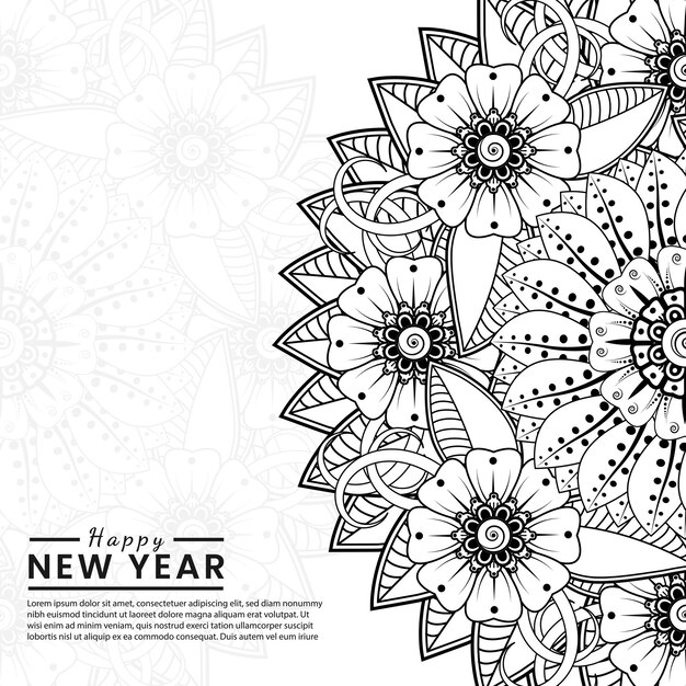 Felice anno nuovo banner o modello di carta con fiore mehndi