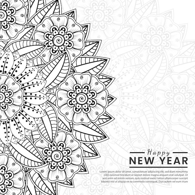 Happy new year banner or card template with mehndi flower