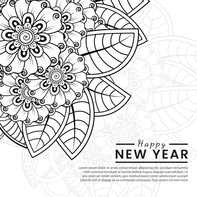 Vettore felice anno nuovo banner o modello di carta con fiore mehndi