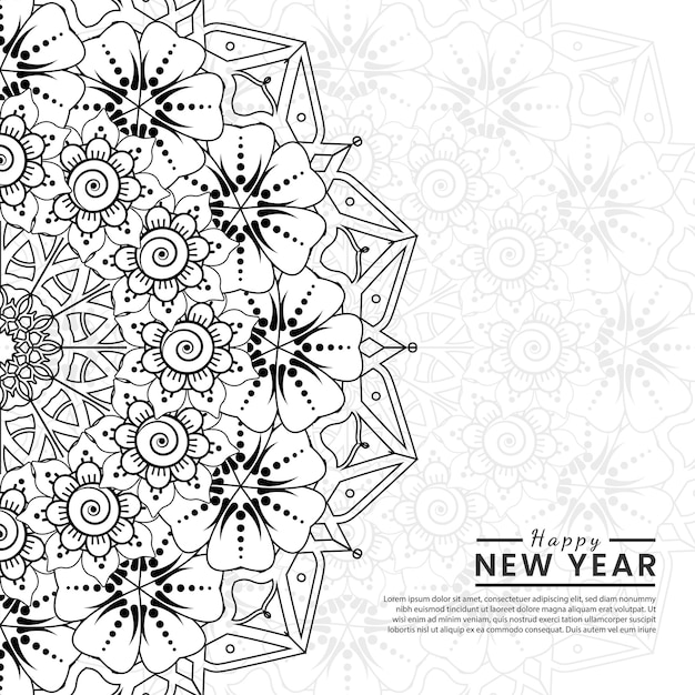 Felice anno nuovo banner o modello di carta con fiore mehndi