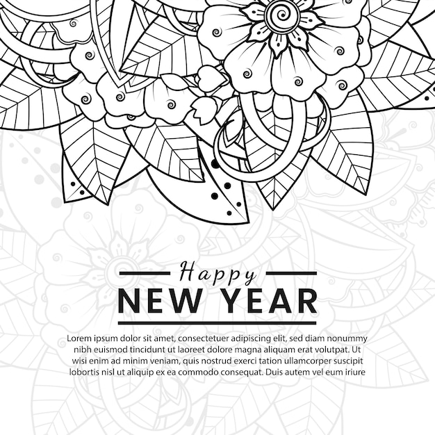 Vettore felice anno nuovo banner o modello di carta con fiore mehndi