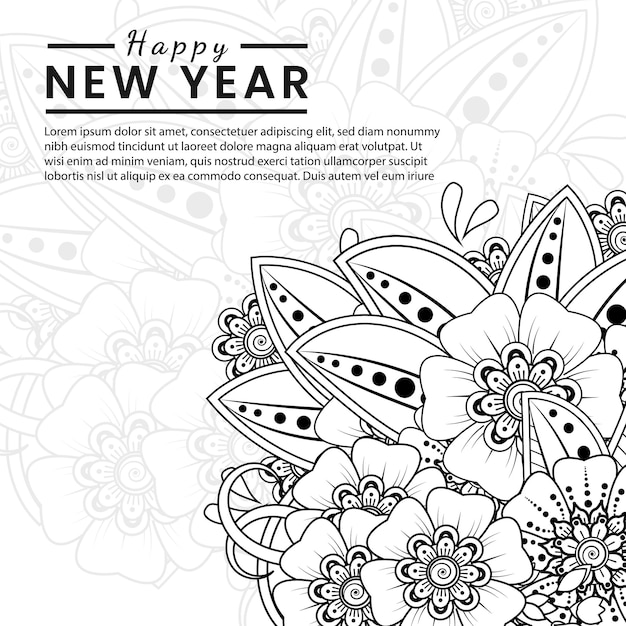 Felice anno nuovo banner o modello di carta con fiore mehndi