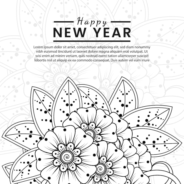 Happy new year banner or card template with mehndi flower