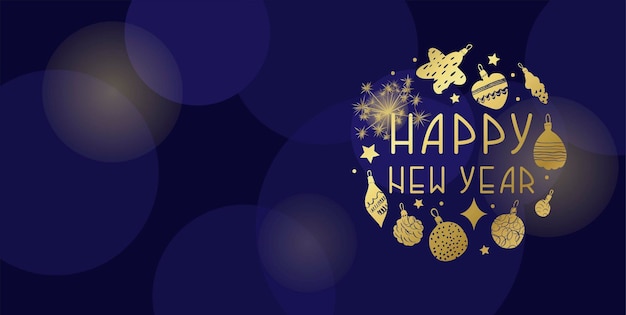 Happy new year banner for decorating cards web pages party invitations Gold and bright quote on deep blue background Golden Christmas decoration Holiday greeting card design Vector illustration