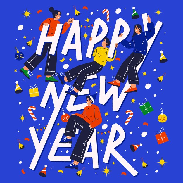 Vector happy new year banner vector winter holiday flyer festival image with gifts people candy sticks