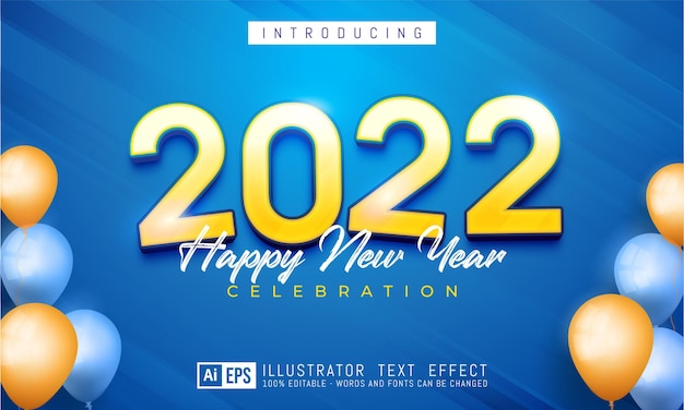 Happy new year banner with editable number 2022 on blue and yellow theme