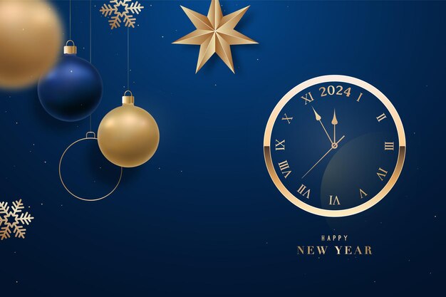 Vector happy new year banner with golden clock hanging golden balls