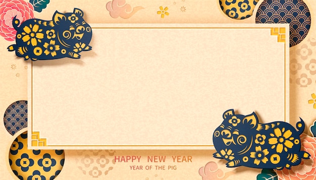 Vector happy new year banner with piggy and floral elements in paper art style, copy space for greeting words
