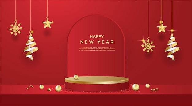 Happy new year banner with product display cylindrical shape on red background