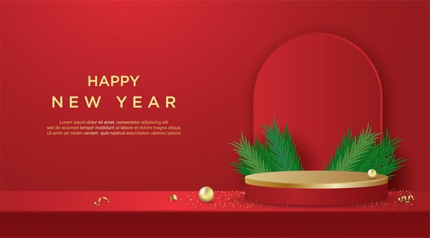 Happy new year banner with product display cylindrical shape on red background