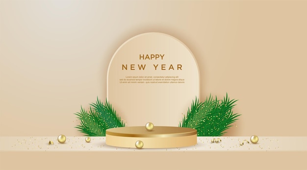 Banner di felice anno nuovo con display del prodotto di forma cilindrica