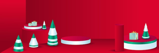 Banner di felice anno nuovo, ghirlanda di luci scintillanti di natale con scatola regalo e orpelli dorati. poster di natale orizzontali, biglietti di auguri, intestazioni, sito web. oggetti visti dall'alto