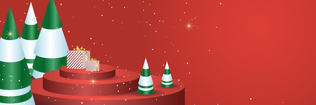 Banner di felice anno nuovo, ghirlanda di luci scintillanti di natale con scatola regalo e orpelli dorati. poster di natale orizzontali, biglietti di auguri, intestazioni, sito web. oggetti visti dall'alto