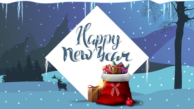 Happy new year, blue postcard with white large diamond, santa claus bag with presents and winter landscape