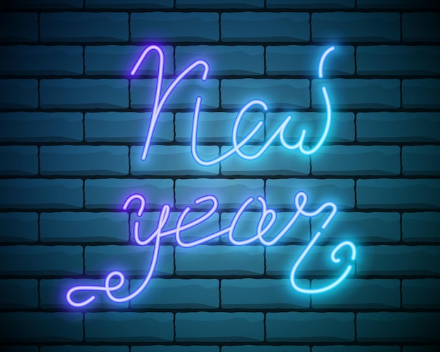 Vettore felice anno nuovo testo blu per biglietto di auguri su sfondo muro di mattoni carattere di calligrafia disegnato a mano con luce al neon vettoriale per modello di poster per vacanze invernali anno 2018 o design di celebrazione di natale