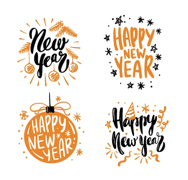 Vector happy new year calligraphic lettering text design cards set.