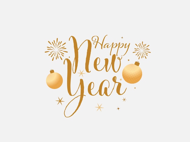 Vector happy new year calligraphy with golden baubles and fireworks on white background.