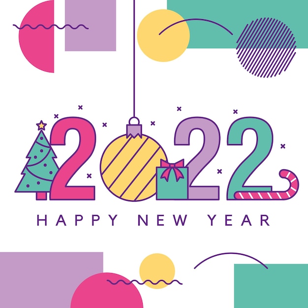 Happy new year card memphis style with christmas icons . vector illustration