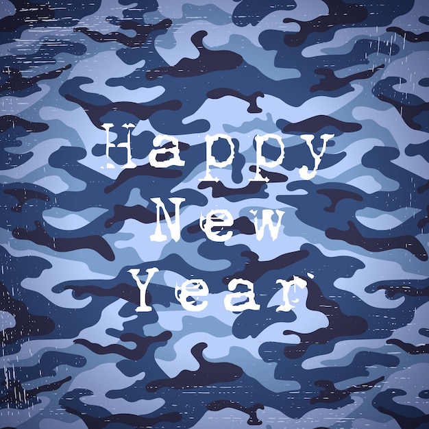 Happy New Year card in military style on blue camouflage. Vector