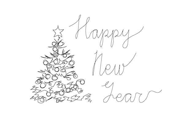 Happy New Year card with Christmas tree one line art. Continuous line drawing of new year holidays, christmas, weekend, celebration, festive atmosphere, decoration. Hand drawn vector illustration.