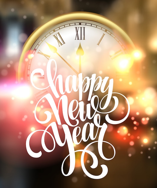 Vector happy new year card with clock.