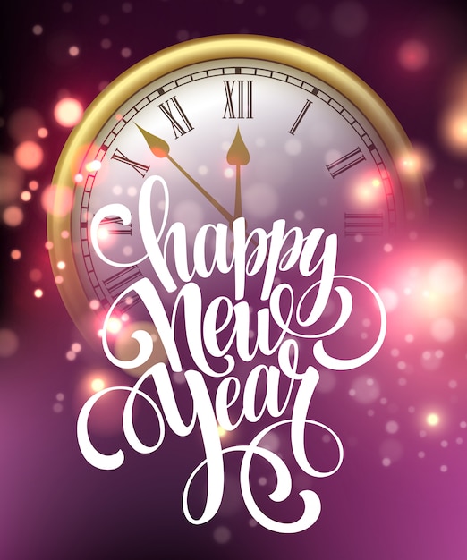 Vector happy new year card with clock.