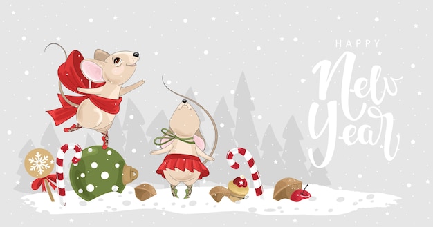 Happy new year card with a cute mouse ballerinas