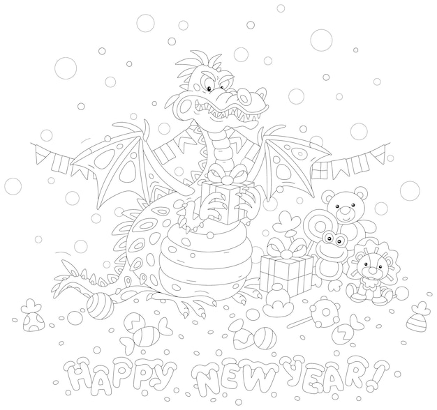 Happy New Year card with a funny firebreathing dragon among holiday gifts toys and sweets