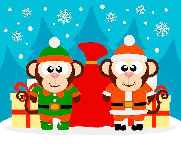 원숭이 산타 클로스와 원숭이 엘프와 함께 새해 복 많이 받으세요 카드