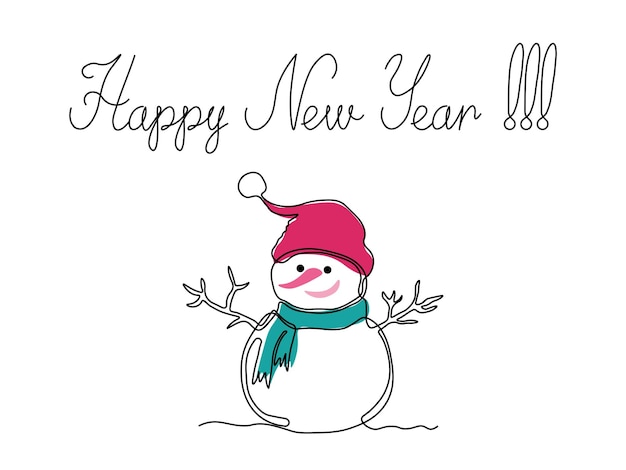 Happy New Year Cardabstract doodle snowman Santa hat continuous single line art drawing sketch logo