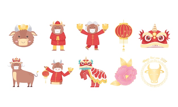 새해 복 많이 받으세요 중국어, 황소, 꽃, 랜턴, 용 등으로 설정된 아이콘