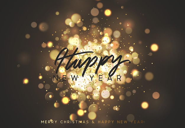 Happy New Year. Christmas background with golden lights bokeh. Xmas greeting card. Magic holiday poster, banner. Night bright gold sparkles background