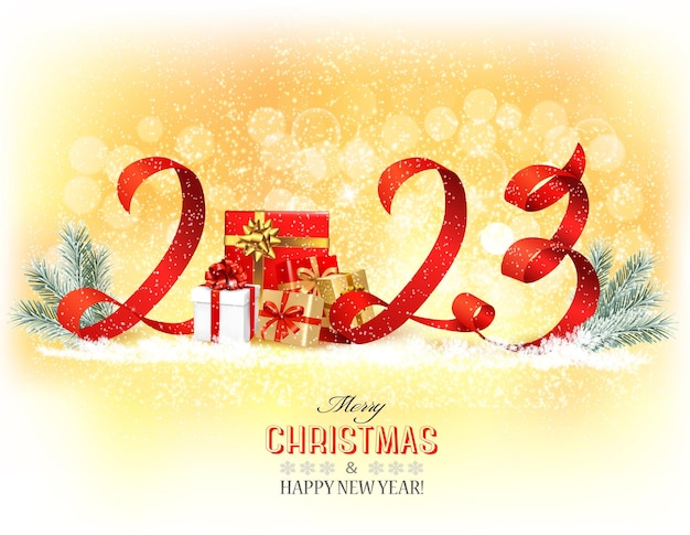 Happy New Year and Christmas holiday background with a 2023 and gift boxes and ribbons Vector