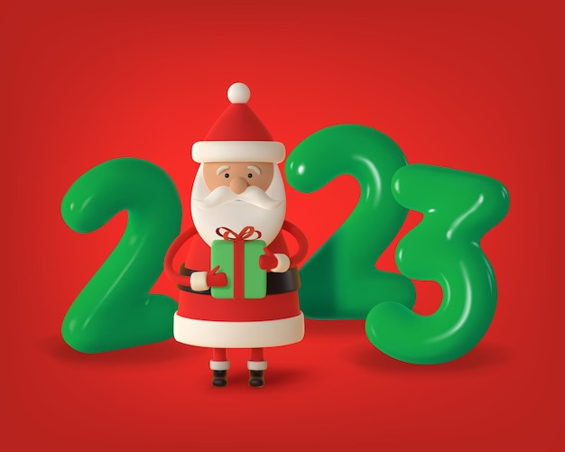 Felice anno nuovo natale babbo natale con numero 2023 in plastica rendering 3d realistico vettore