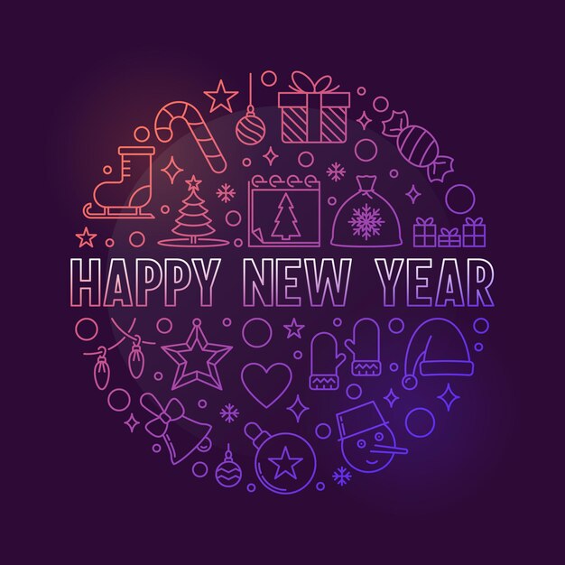 Vector happy new year circular vector colored outline illustration