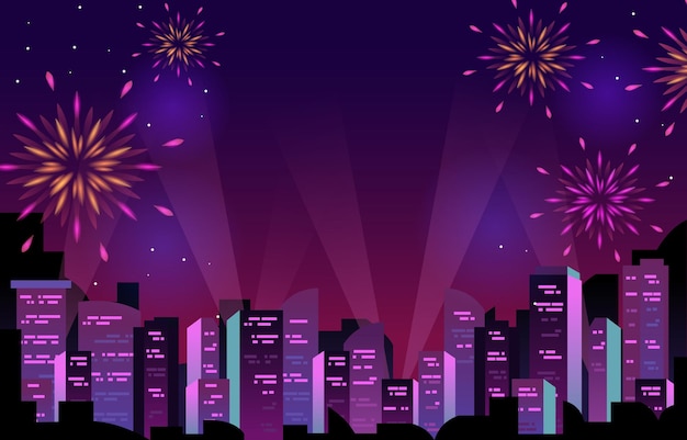 Vector happy new year city building cityscape fireworks party