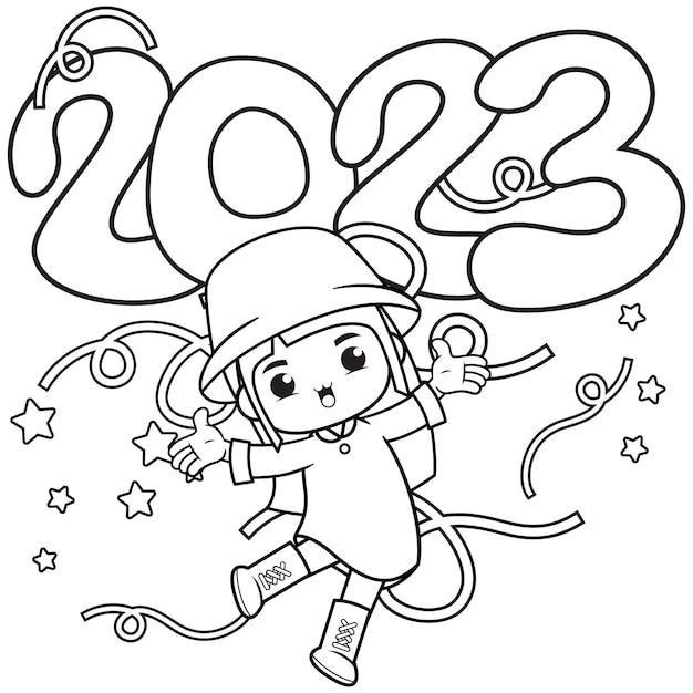 Happy new year coloring book with cute girl2