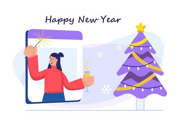 Vector happy new year concept with people scene vector illustration