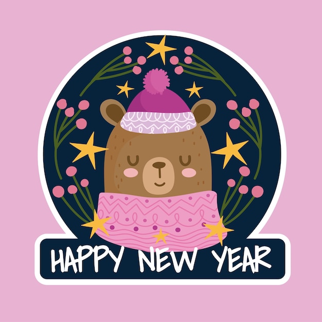 벡터 스웨터와 모자 카드와 함께 새 해 복 많이 받으세요 귀여운 곰