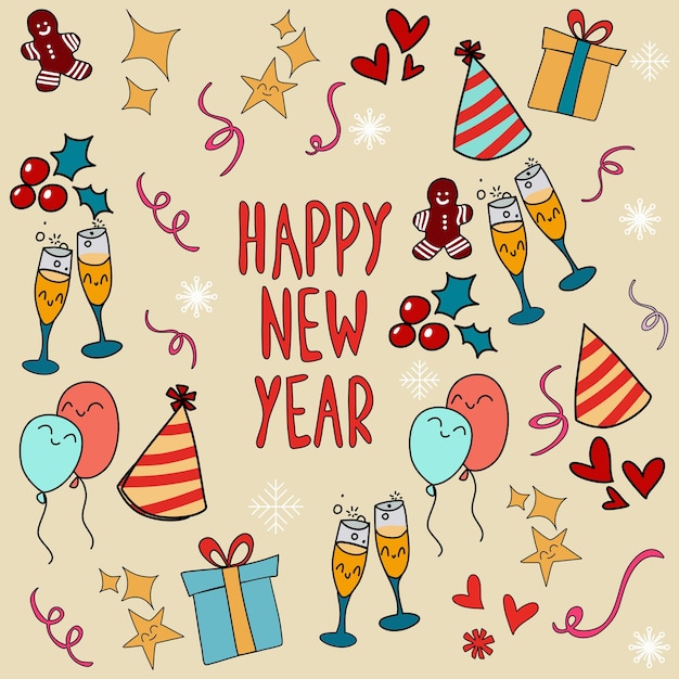Happy New Year doodle art elements for holidays lifestyle concept.
