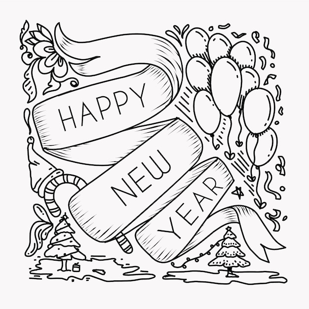 Vector happy new year doodle art style with ribbon