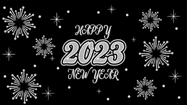 흰색 불꽃놀이 2023 텍스트와 함께 새해 복 많이 받으세요 축제 검정색 배경